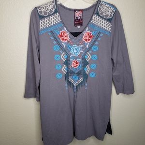 Johnny Was Embroidered Tunic Top Medium Gray